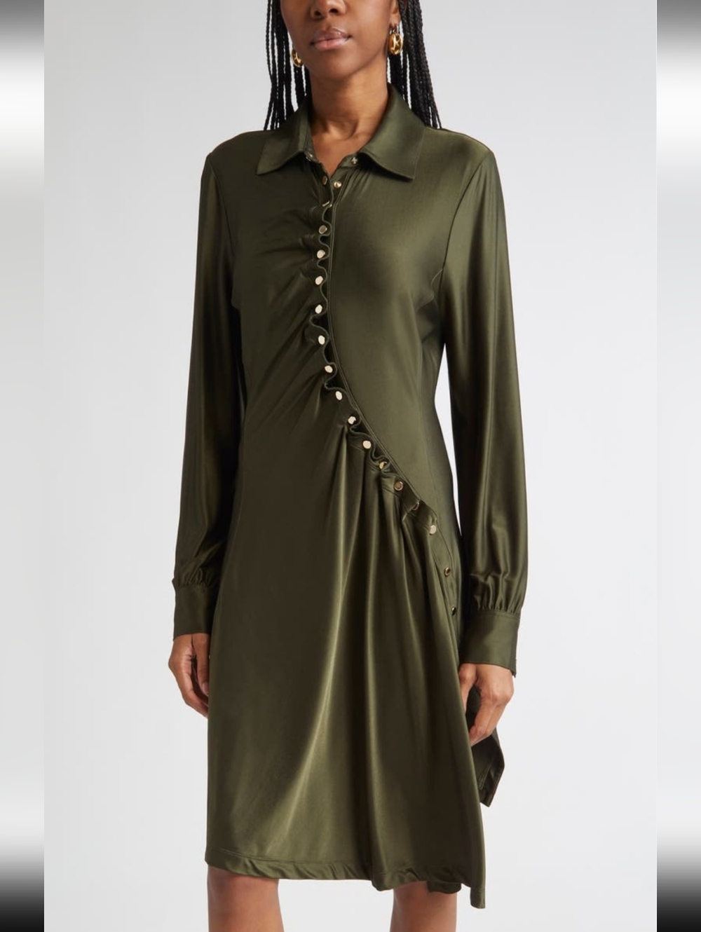 ✨️ Rabanne Button Embellished Draped Olive Green Long Sleeve Shirt Dress - Picture 4 of 15